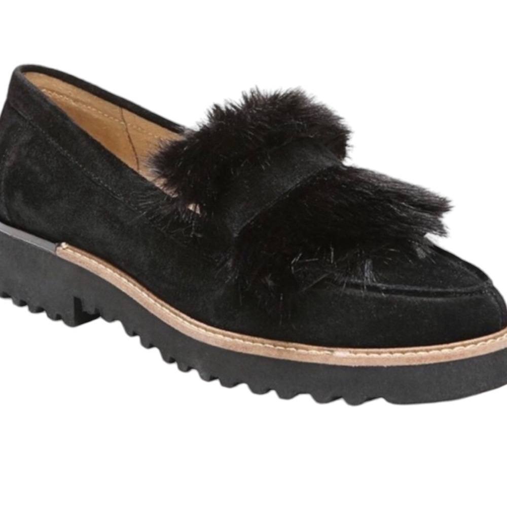 Women’s FRANCO SARTO Cyrus Black Suede Faux Fur Loafers Shoes - Picture 2 of 6
